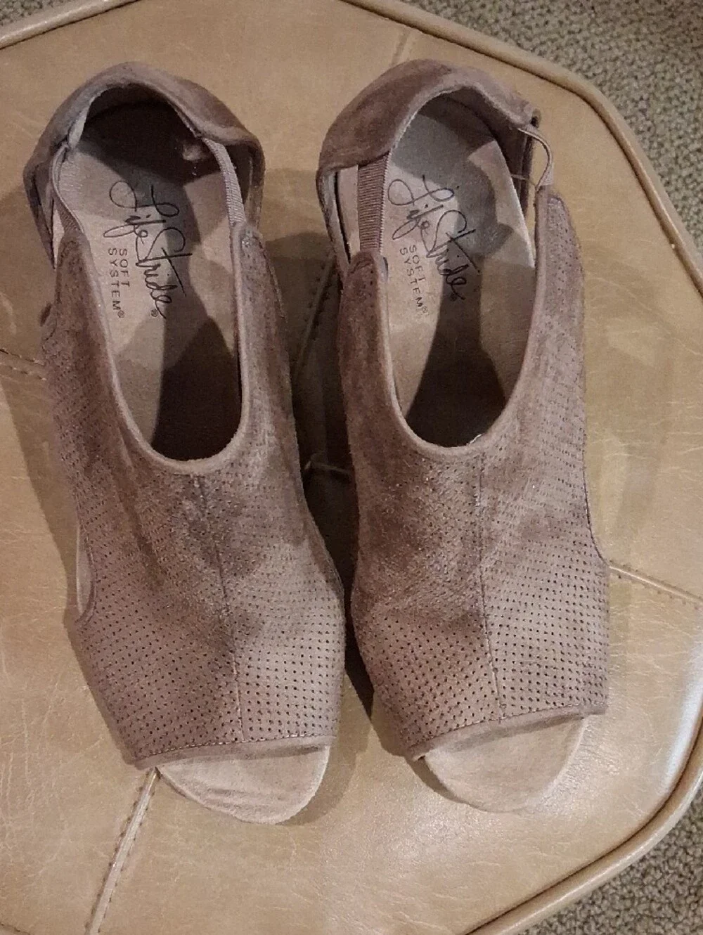 Life Stride Taupe Perforated Suede Peep-Toe Wedge Booties